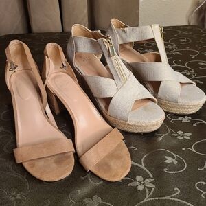 🩶 2 pair Stylish Beige wedge heels and Tan Heeled Sandals, size 11